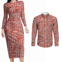 Red Hawaii Palaka Cowboy Couples Matching Long Sleeve Bodycon Dress and Long Sleeve Button Shirt Hawaiian Paniolo Festival Spirit