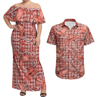 Red Hawaii Palaka Cowboy Couples Matching Off Shoulder Maxi Dress and Hawaiian Shirt Hawaiian Paniolo Festival Spirit