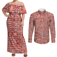 Red Hawaii Palaka Cowboy Couples Matching Off Shoulder Maxi Dress and Long Sleeve Button Shirt Hawaiian Paniolo Festival Spirit