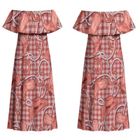 Red Hawaii Palaka Cowboy Couples Matching Off Shoulder Maxi Dress and Long Sleeve Button Shirt Hawaiian Paniolo Festival Spirit