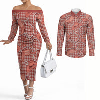 Red Hawaii Palaka Cowboy Couples Matching Off The Shoulder Long Sleeve Dress and Long Sleeve Button Shirt Hawaiian Paniolo Festival Spirit
