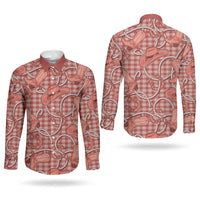 Red Hawaii Palaka Cowboy Couples Matching Off The Shoulder Long Sleeve Dress and Long Sleeve Button Shirt Hawaiian Paniolo Festival Spirit