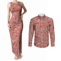 Red Hawaii Palaka Cowboy Couples Matching Tank Maxi Dress and Long Sleeve Button Shirt Hawaiian Paniolo Festival Spirit
