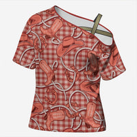 Red Hawaii Palaka Cowboy Cross Shoulder Shirt Hawaiian Paniolo Festival Spirit