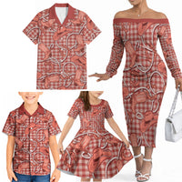 Red Hawaii Palaka Cowboy Family Matching Off The Shoulder Long Sleeve Dress and Hawaiian Shirt Hawaiian Paniolo Festival Spirit