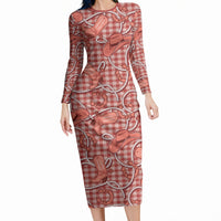 Red Hawaii Palaka Cowboy Long Sleeve Bodycon Dress Hawaiian Paniolo Festival Spirit