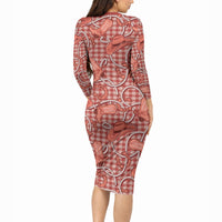 Red Hawaii Palaka Cowboy Long Sleeve Bodycon Dress Hawaiian Paniolo Festival Spirit