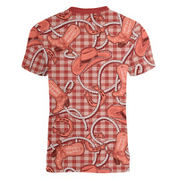 Red Hawaii Palaka Cowboy Women V-Neck T-Shirt Hawaiian Paniolo Festival Spirit