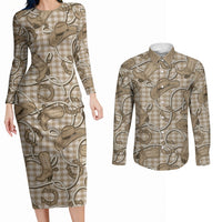 Beige Hawaii Palaka Cowboy Couples Matching Long Sleeve Bodycon Dress and Long Sleeve Button Shirt Hawaiian Paniolo Festival Spirit