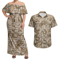 Beige Hawaii Palaka Cowboy Couples Matching Off Shoulder Maxi Dress and Hawaiian Shirt Hawaiian Paniolo Festival Spirit