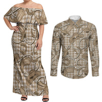 Beige Hawaii Palaka Cowboy Couples Matching Off Shoulder Maxi Dress and Long Sleeve Button Shirt Hawaiian Paniolo Festival Spirit