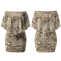Beige Hawaii Palaka Cowboy Couples Matching Off Shoulder Short Dress and Hawaiian Shirt Hawaiian Paniolo Festival Spirit