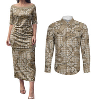 Beige Hawaii Palaka Cowboy Couples Matching Puletasi and Long Sleeve Button Shirt Hawaiian Paniolo Festival Spirit