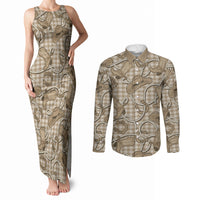 Beige Hawaii Palaka Cowboy Couples Matching Tank Maxi Dress and Long Sleeve Button Shirt Hawaiian Paniolo Festival Spirit