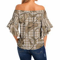 Beige Hawaii Palaka Cowboy Off Shoulder Wrap Waist Top Hawaiian Paniolo Festival Spirit