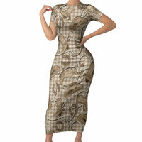 Beige Hawaii Palaka Cowboy Short Sleeve Bodycon Dress Hawaiian Paniolo Festival Spirit