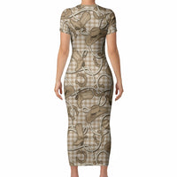 Beige Hawaii Palaka Cowboy Short Sleeve Bodycon Dress Hawaiian Paniolo Festival Spirit