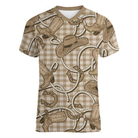 Beige Hawaii Palaka Cowboy Women V-Neck T-Shirt Hawaiian Paniolo Festival Spirit