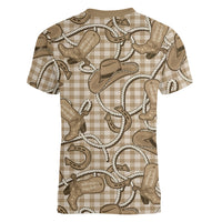 Beige Hawaii Palaka Cowboy Women V-Neck T-Shirt Hawaiian Paniolo Festival Spirit