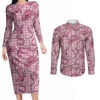 Pink Hawaii Palaka Cowboy Couples Matching Long Sleeve Bodycon Dress and Long Sleeve Button Shirt Hawaiian Paniolo Festival Spirit