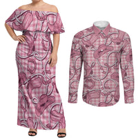 Pink Hawaii Palaka Cowboy Couples Matching Off Shoulder Maxi Dress and Long Sleeve Button Shirt Hawaiian Paniolo Festival Spirit