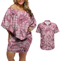Pink Hawaii Palaka Cowboy Couples Matching Off Shoulder Short Dress and Hawaiian Shirt Hawaiian Paniolo Festival Spirit