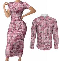 Pink Hawaii Palaka Cowboy Couples Matching Short Sleeve Bodycon Dress and Long Sleeve Button Shirt Hawaiian Paniolo Festival Spirit