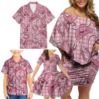 Pink Hawaii Palaka Cowboy Family Matching Off Shoulder Short Dress and Hawaiian Shirt Hawaiian Paniolo Festival Spirit
