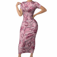 Pink Hawaii Palaka Cowboy Short Sleeve Bodycon Dress Hawaiian Paniolo Festival Spirit