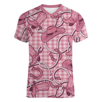 Pink Hawaii Palaka Cowboy Women V-Neck T-Shirt Hawaiian Paniolo Festival Spirit