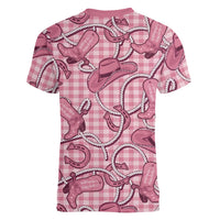 Pink Hawaii Palaka Cowboy Women V-Neck T-Shirt Hawaiian Paniolo Festival Spirit