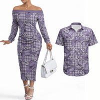 Purple Hawaii Palaka Cowboy Couples Matching Off The Shoulder Long Sleeve Dress and Hawaiian Shirt Hawaiian Paniolo Festival Spirit