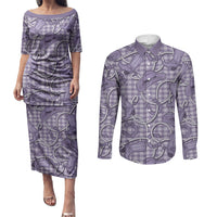 Purple Hawaii Palaka Cowboy Couples Matching Puletasi and Long Sleeve Button Shirt Hawaiian Paniolo Festival Spirit