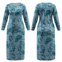 Blue Hawaii Palaka Cowboy Couples Matching Long Sleeve Bodycon Dress and Long Sleeve Button Shirt Hawaiian Paniolo Festival Spirit