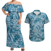 Blue Hawaii Palaka Cowboy Couples Matching Off Shoulder Maxi Dress and Hawaiian Shirt Hawaiian Paniolo Festival Spirit