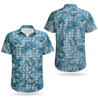 Blue Hawaii Palaka Cowboy Couples Matching Off Shoulder Maxi Dress and Hawaiian Shirt Hawaiian Paniolo Festival Spirit