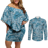 Blue Hawaii Palaka Cowboy Couples Matching Off Shoulder Short Dress and Long Sleeve Button Shirt Hawaiian Paniolo Festival Spirit