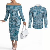 Blue Hawaii Palaka Cowboy Couples Matching Off The Shoulder Long Sleeve Dress and Long Sleeve Button Shirt Hawaiian Paniolo Festival Spirit