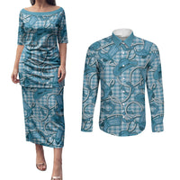 Blue Hawaii Palaka Cowboy Couples Matching Puletasi and Long Sleeve Button Shirt Hawaiian Paniolo Festival Spirit