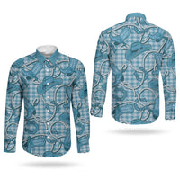 Blue Hawaii Palaka Cowboy Couples Matching Puletasi and Long Sleeve Button Shirt Hawaiian Paniolo Festival Spirit