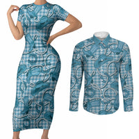 Blue Hawaii Palaka Cowboy Couples Matching Short Sleeve Bodycon Dress and Long Sleeve Button Shirt Hawaiian Paniolo Festival Spirit