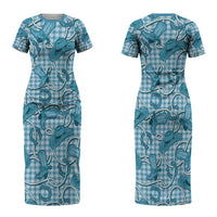 Blue Hawaii Palaka Cowboy Couples Matching Short Sleeve Bodycon Dress and Long Sleeve Button Shirt Hawaiian Paniolo Festival Spirit