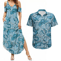 Blue Hawaii Palaka Cowboy Couples Matching Summer Maxi Dress and Hawaiian Shirt Hawaiian Paniolo Festival Spirit