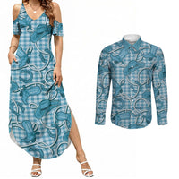 Blue Hawaii Palaka Cowboy Couples Matching Summer Maxi Dress and Long Sleeve Button Shirt Hawaiian Paniolo Festival Spirit