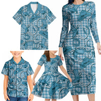 Blue Hawaii Palaka Cowboy Family Matching Long Sleeve Bodycon Dress and Hawaiian Shirt Hawaiian Paniolo Festival Spirit