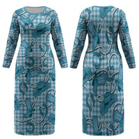 Blue Hawaii Palaka Cowboy Family Matching Long Sleeve Bodycon Dress and Hawaiian Shirt Hawaiian Paniolo Festival Spirit