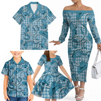 Blue Hawaii Palaka Cowboy Family Matching Off The Shoulder Long Sleeve Dress and Hawaiian Shirt Hawaiian Paniolo Festival Spirit