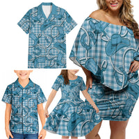 Blue Hawaii Palaka Cowboy Family Matching Off Shoulder Short Dress and Hawaiian Shirt Hawaiian Paniolo Festival Spirit