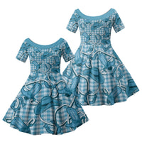 Blue Hawaii Palaka Cowboy Family Matching Off Shoulder Short Dress and Hawaiian Shirt Hawaiian Paniolo Festival Spirit