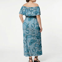 Blue Hawaii Palaka Cowboy Off Shoulder Maxi Dress Hawaiian Paniolo Festival Spirit